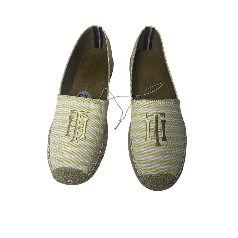 Tommy Hilfiger Pieke Yellow White Striped Espadrille Flats Logo Slip On 8.5M